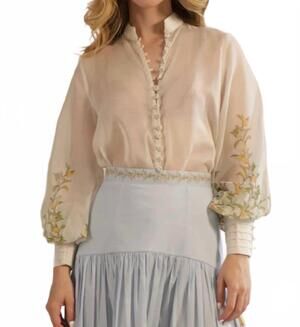 NEW KLEID gabriele fitted cuff blouse in sheer cream with orange branch border p